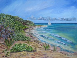 Coakley Beach looking West with sail boat, St Croix USVI, St. Croix, USVI